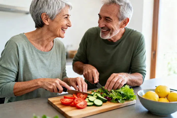 An older couple preparing a salad of tomatoes, cucumbers and greens in their kitchen
