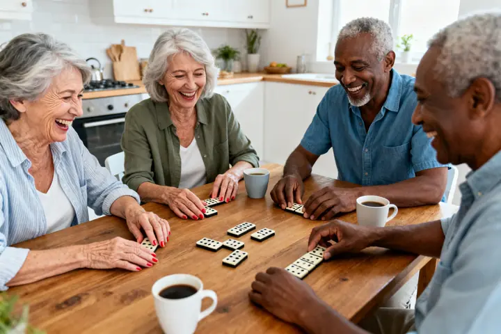 Four older friends laughing over a game of dominoes at a kitchen table