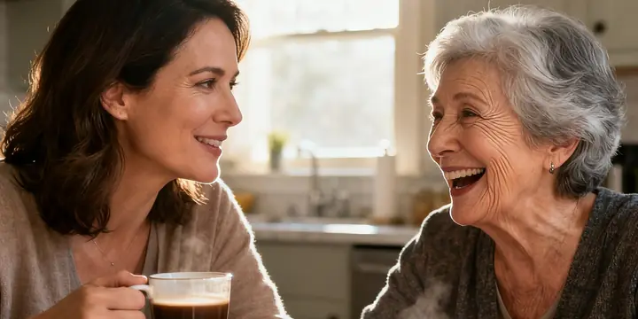 A woman and her elderly mother laughing over coffee at the kitchen table