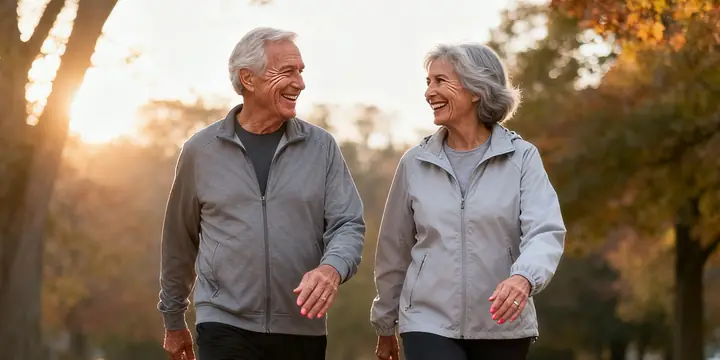 An older couple laughing as they walk together on a park path in autumn