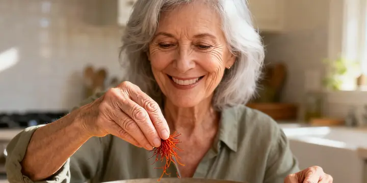 A smiling older woman sprinkling saffron threads over a pan of yellow rice
