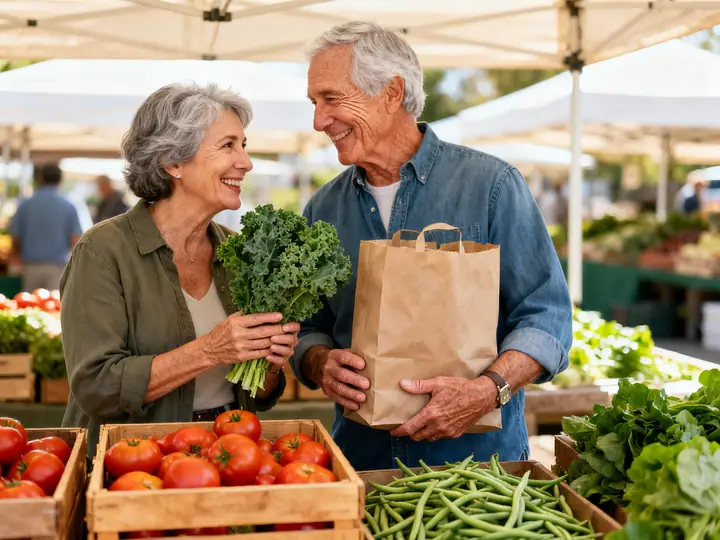 An older couple choosing kale and tomatoes at a farmers market