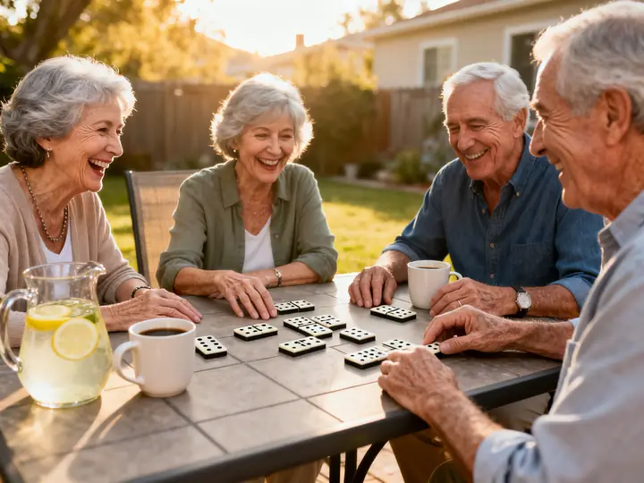 Four older friends laughing over a game of dominoes on a backyard patio