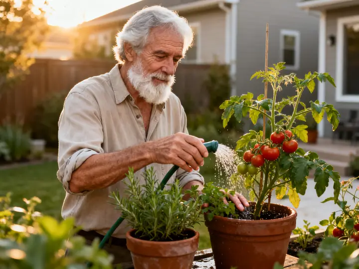 An older man with a white beard watering tomato plants in his garden
