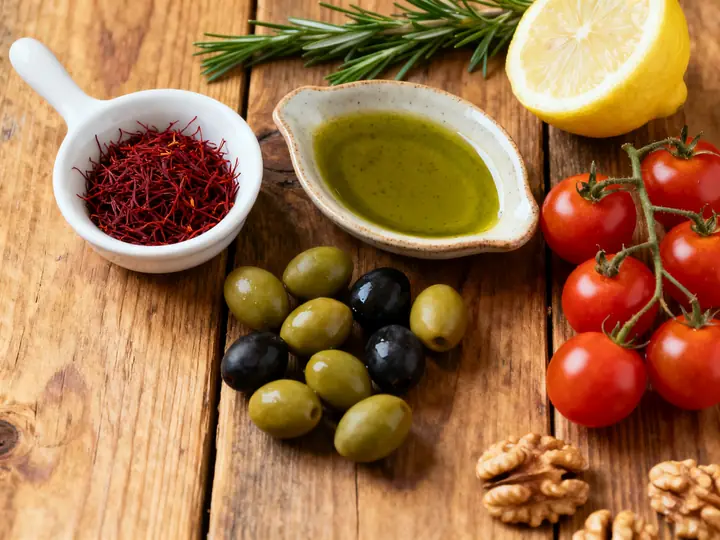 Saffron threads, olive oil, olives, cherry tomatoes, lemon and walnuts on a wooden table
