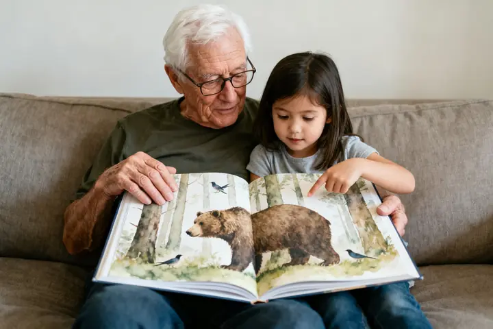 A grandfather reading a picture book with his granddaughter on the sofa