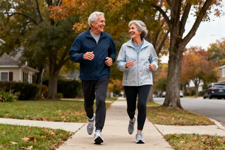 An older couple walking briskly together on a tree-lined sidewalk in autumn